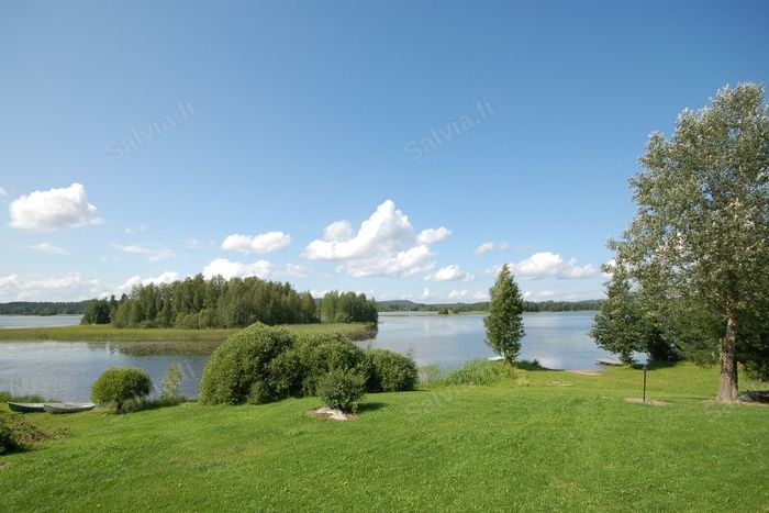 Nurmikenttä ja Päijänteen ranta Salvian loma-asuntojen edustalla